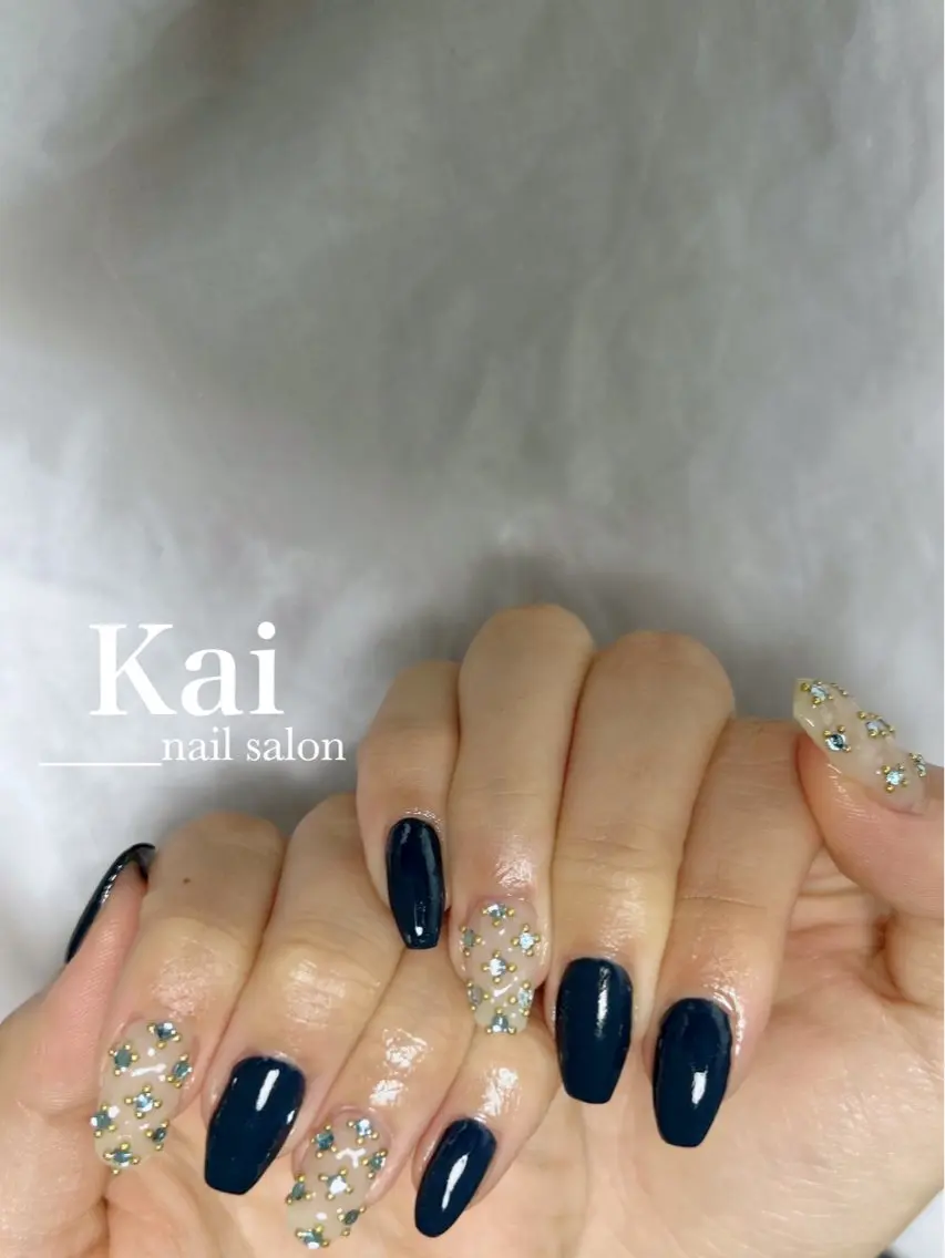 ネイル オーロラネイル ハート 韓国ネイル マグネットネイル ネイビー ハンドネイル Kai  nail Mayukoのネイルデザイン