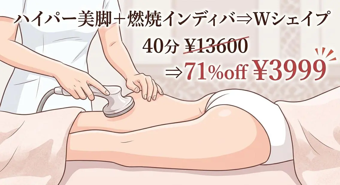 ハイパー美脚＋燃焼インディバ⇒Ｗシェイプ40分¥13600⇒71％off¥3999の写真