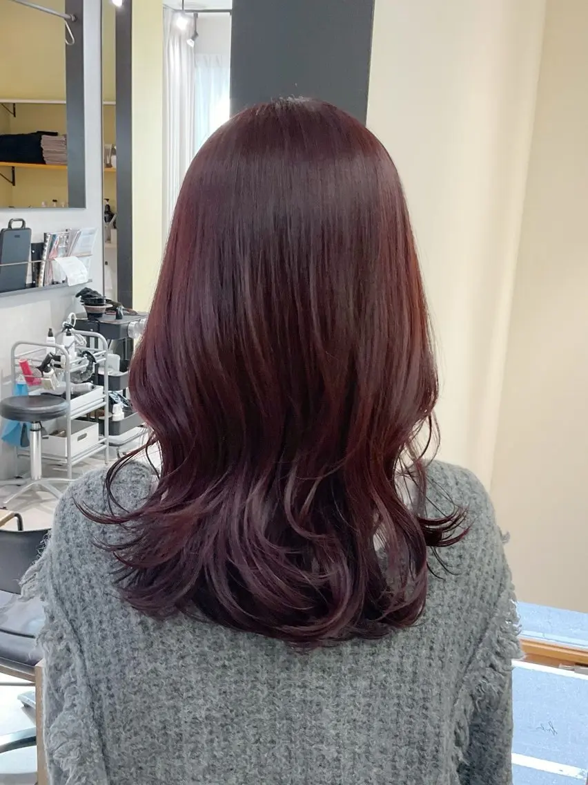 ロング カラー ブリーチ ボルドーカラー ブリーチなしカラー レッドカラー カット ヘアカラー トリートメント hubhair レイヤー/透明感のヘアスタイル