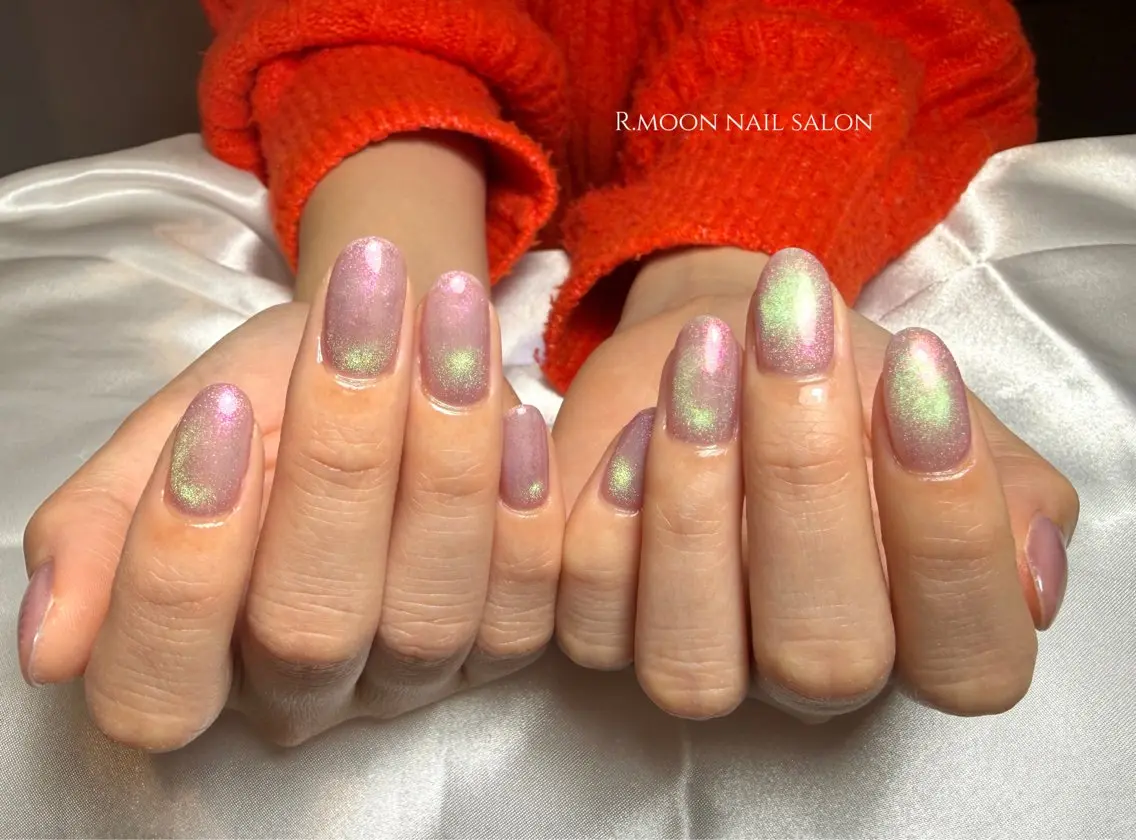 ネイル グリーン マグネットネイル ピンク R.moon nail salonのネイルデザイン