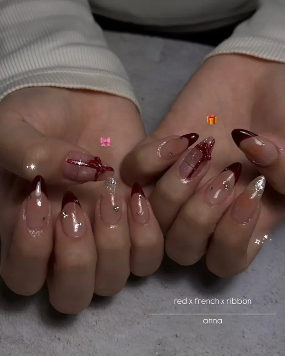 ネイル 赤色 リボン バレンタイン ハンドネイル ハンドケア germer. annaのネイルデザイン