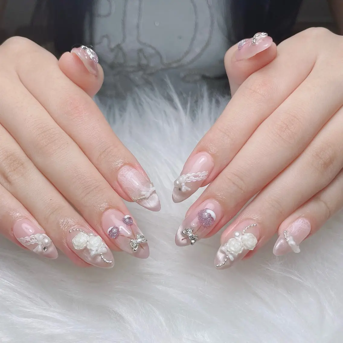 ネイル ガーリー ハート 韓国ネイル ニュアンスネイル リボン Sora nail 長さ出し専門店のネイルデザイン