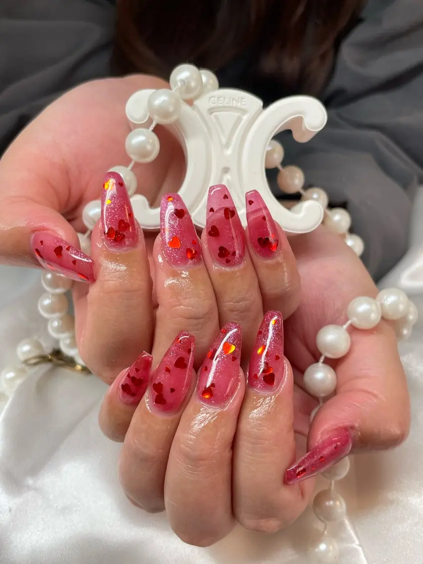 ネイル クリアネイル ハート ラメ(グリッター) ピンク 赤色 ハンドネイル Nail salon 🎀Angeのネイルデザイン