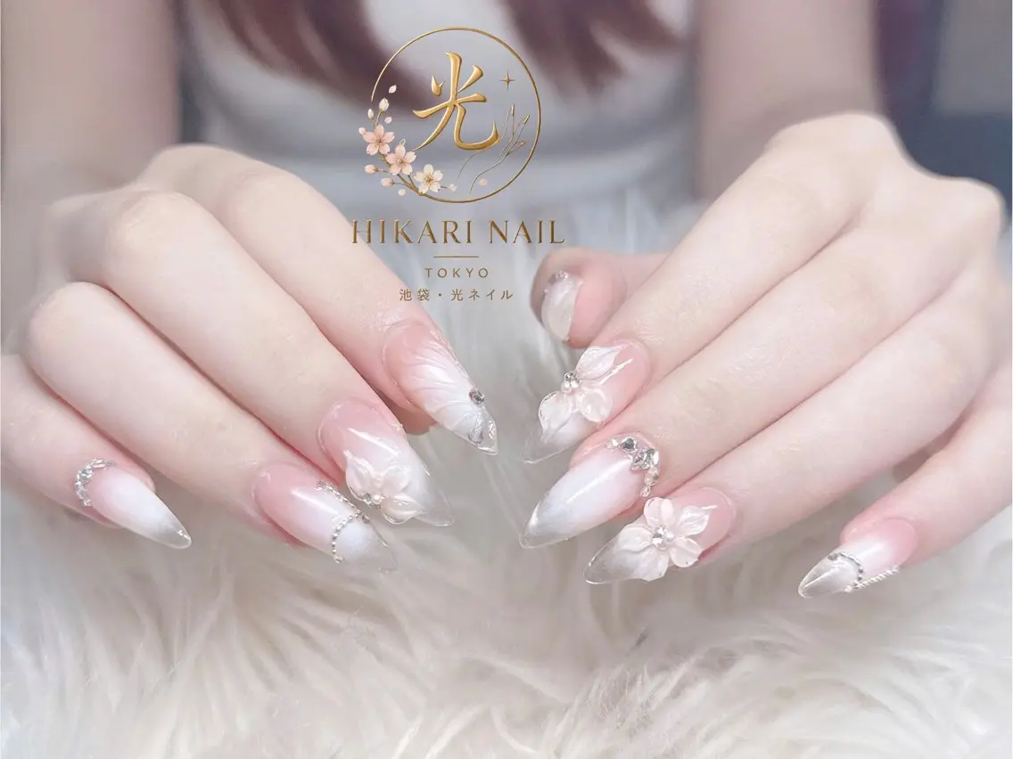 ネイル チークネイル 長さ出し フレンチネイル ガーリー ハート ハンドネイル HikariNail Ikebukuroのネイルデザイン