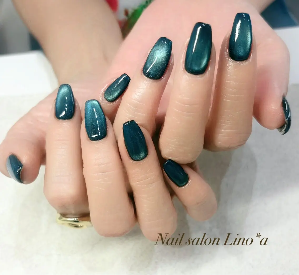ネイル ブルー 長さ出し マグネットネイル マグネットワンカラー ワンカラーネイル ハンドネイル Nail salon Lino*aのネイルデザイン