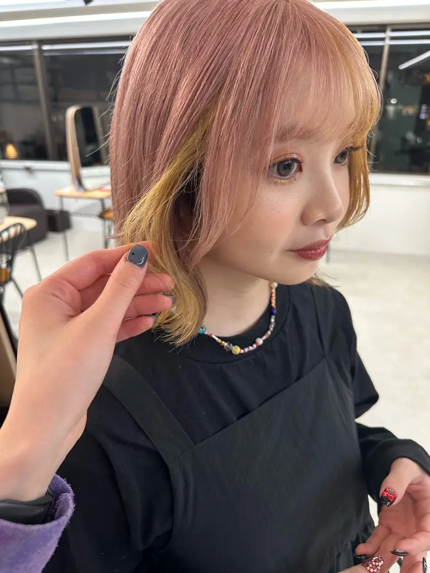 ショート カラー ベージュカラー デザインカラー ピンクカラー ピンクベージュ 優菜/ メンズパーマのヘアスタイル