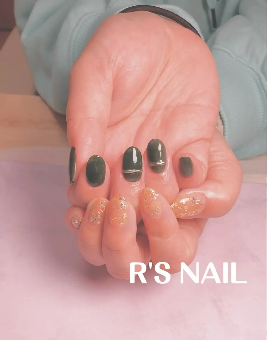 ネイル べっ甲ネイル ゴールド ワンカラーネイル オレンジ ハンドネイル R‘S NAIL nail salonのネイルデザイン