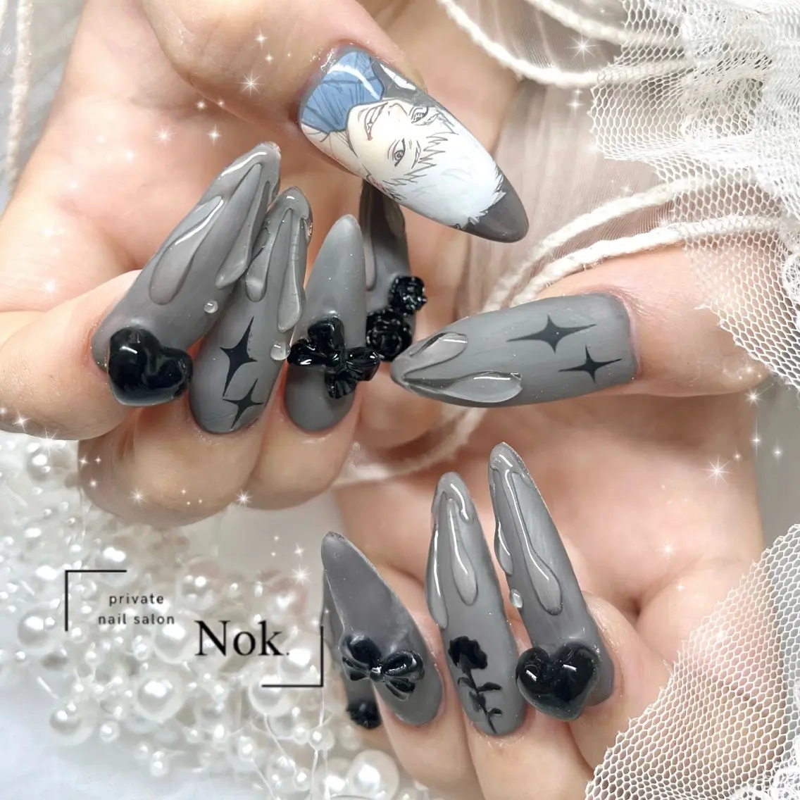 ネイル ハート リボン ハンドネイル 池袋痛ネイル Nok. 渡辺のネイルデザイン