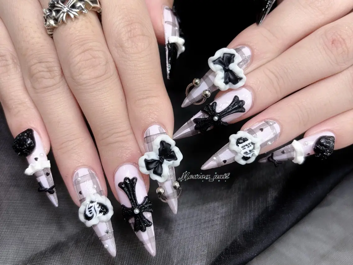 ネイル 成人式 大理石ネイル(マーブル) リボン 夏ネイル ネイルチップ ハンドネイル MoMoA Nail ネイル長さ出し専門店のネイルデザイン