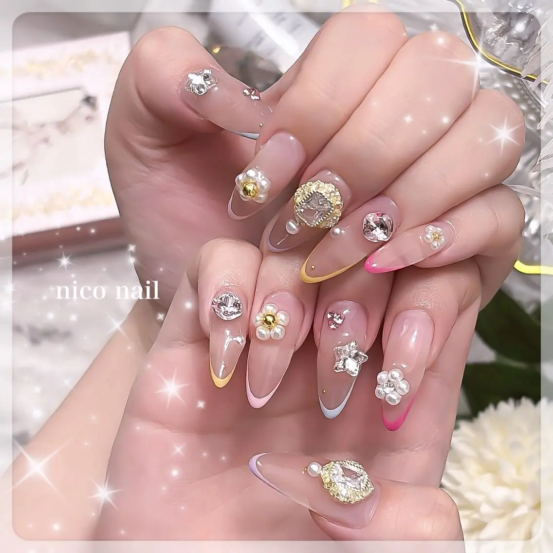 ネイル フレンチネイル ガーリー キラキラネイル ラメ(グリッター) パステルネイル 三鷹🎀韓国ネイル/ niconail🪄のネイルデザイン