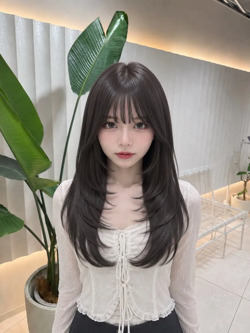 ロング カラー ロングレイヤー ショコラグレージュ グレージュ レイヤーカット ロング ヘアカラー トリートメント ラベンダー💜グレー 🩶ミント💚のヘアスタイル