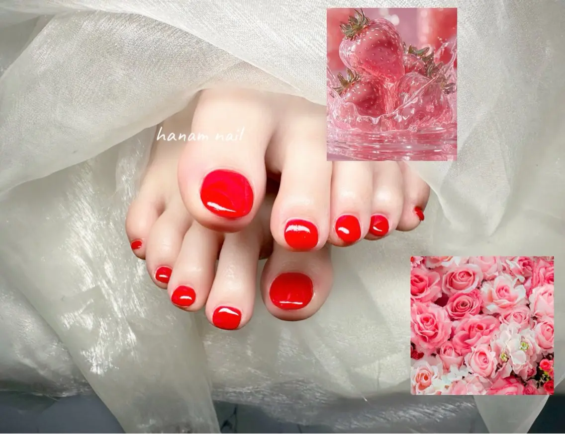 ネイル ワンカラーネイル 赤色 フットネイル hanam nail 🌿🩵ハナムネイルのネイルデザイン
