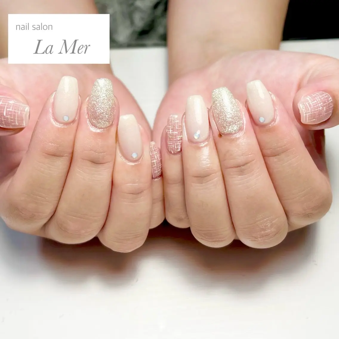 ネイル オフィスネイル ピンク シンプルネイル スクエアネイル ツイードネイル ハンドネイル nailsalon La Merのネイルデザイン