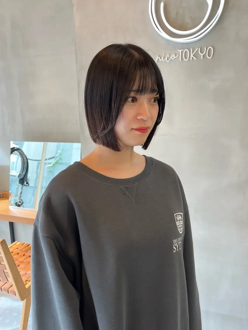ミディアム カラー 縮毛矯正ボブ&顔まわ レイヤー♡TOMOEのヘアスタイル