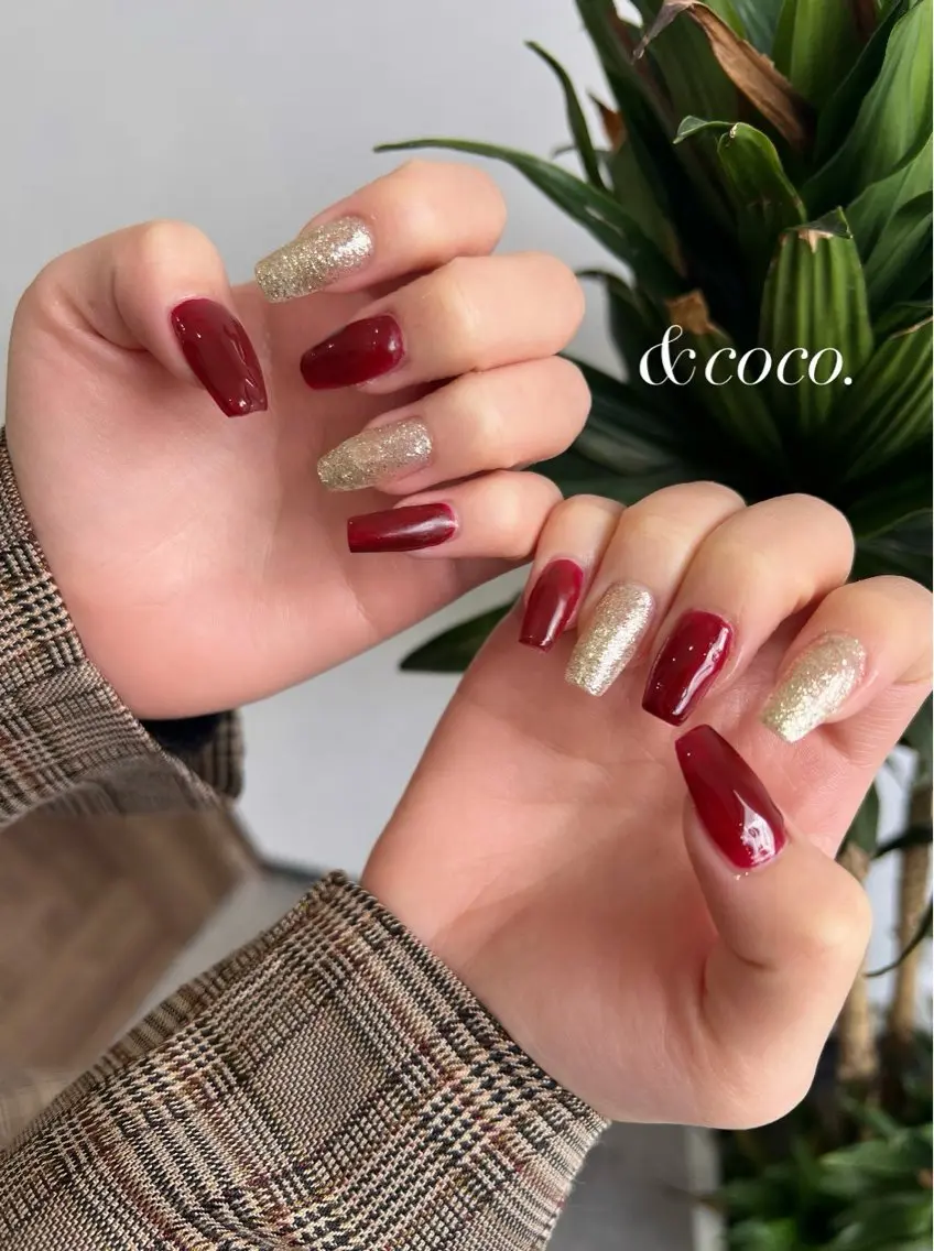 ネイル ボルドー 長さ出し ＆ coco.のネイルデザイン