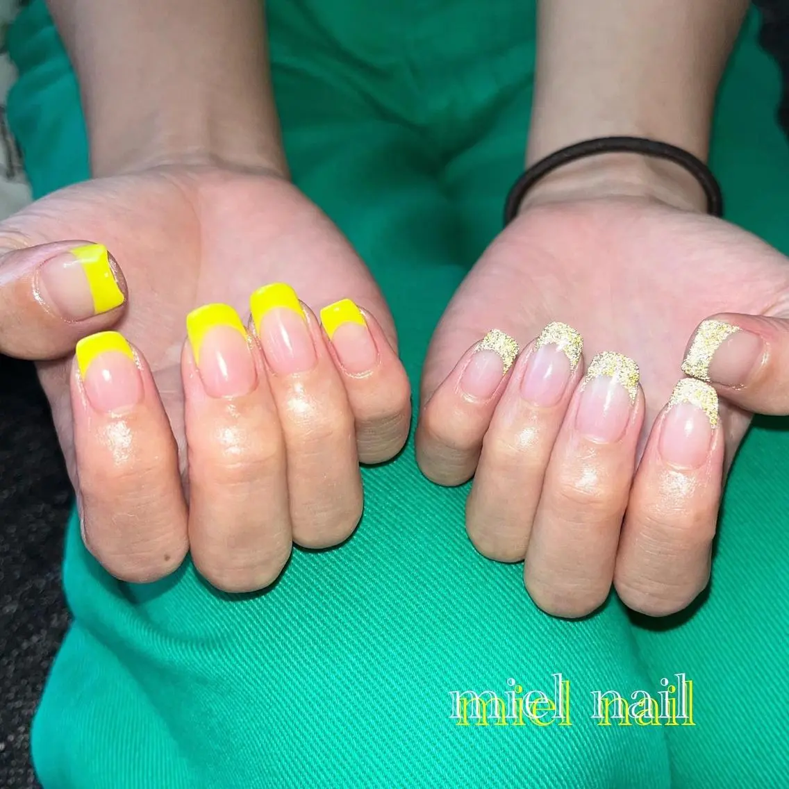 ネイル フラッシュネイル フレンチネイル ラメ(グリッター) ハンドネイル miel nailのネイルデザイン