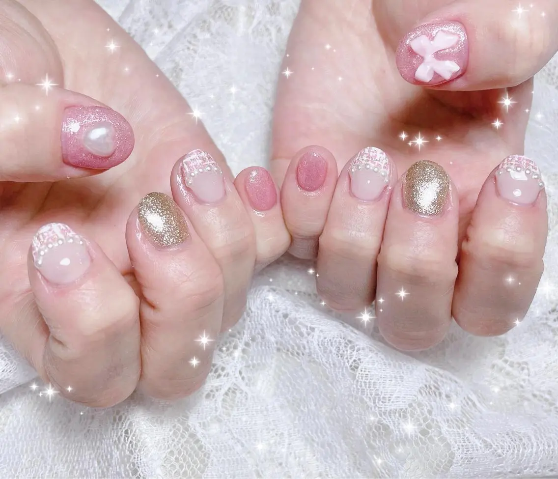 ネイル アートネイル キラキラネイル ピンク ハンドネイル FLARE NAIL フレアネイルのネイルデザイン