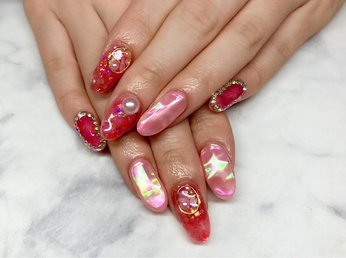 ネイル ジェルネイル 氷ネイル・うるうるネイル パラジェル 夏ネイル Nail&eye Belire 新宿のネイルデザイン