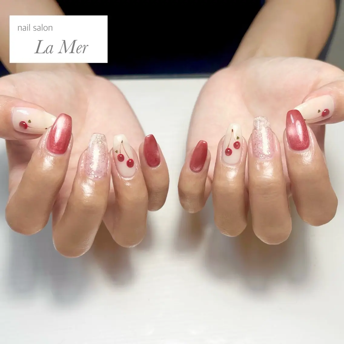 ネイル ボルドー ガーリー ハート ビー玉ネイル オフィスネイル ハンドネイル nailsalon La Merのネイルデザイン