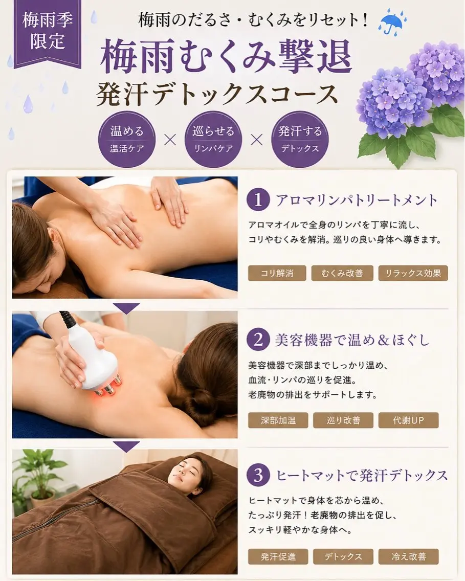 【梅雨限定】むくみ撃退★ 温活×発汗デトックス♪70分 ¥14080→¥11000の写真