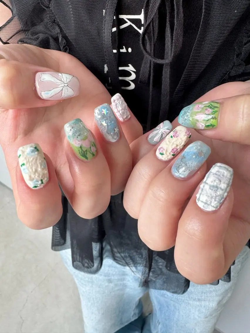 ネイル 韓国ネイル リボン ハンドネイル AOI✩⡱ 。のネイルデザイン