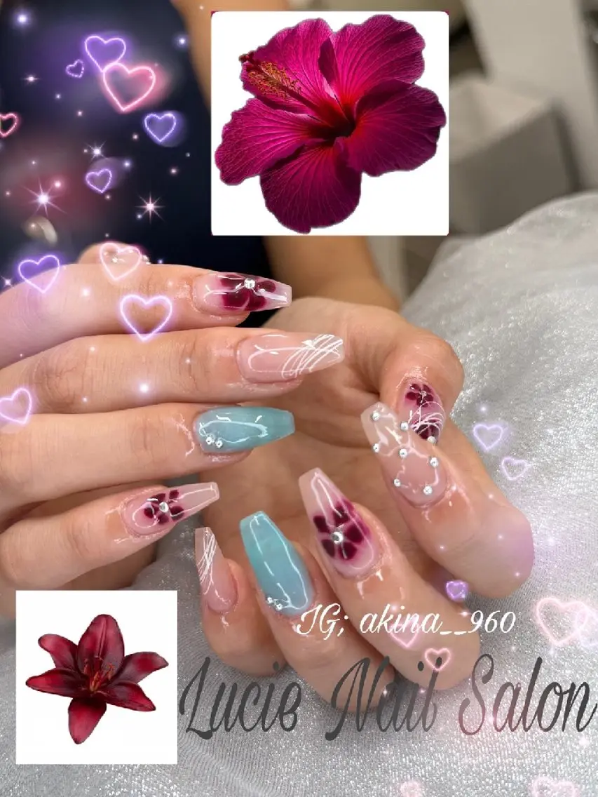 ネイル 氷ネイル・うるうるネイル マットネイル ニュアンスネイル リボン 夏ネイル ハンドネイル rina nailのネイルデザイン