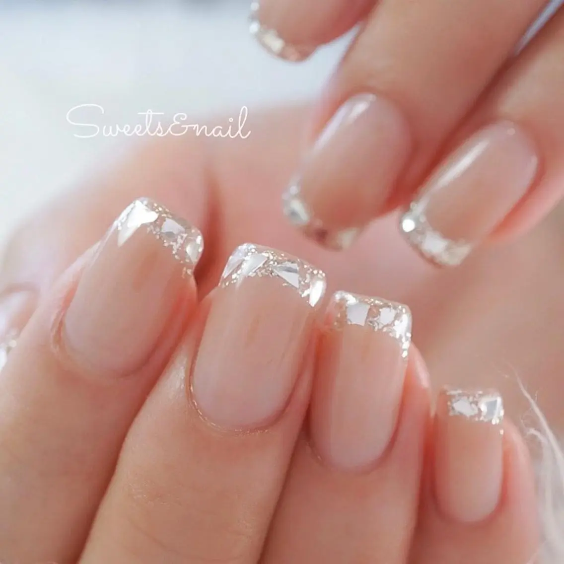 ネイル 入学式 フレンチネイル ジェルネイル ガラスフレンチ キラキラネイル Sweets＆ nail みなこのネイルデザイン