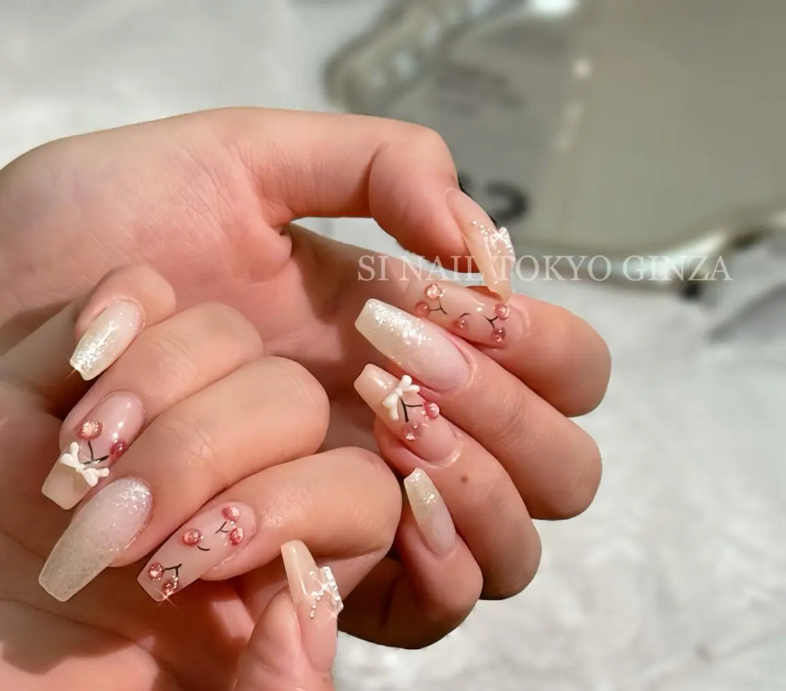 ネイル 韓国ネイル ロングネイル リボン ワンホンネイル SI NAILのネイルデザイン