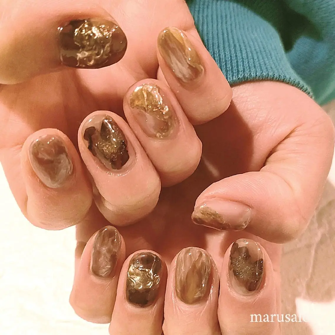 ネイル ブラウン ラメ(グリッター) ミラーネイル ニュアンスネイル バレンタイン ハンドネイル marusalo nailのネイルデザイン