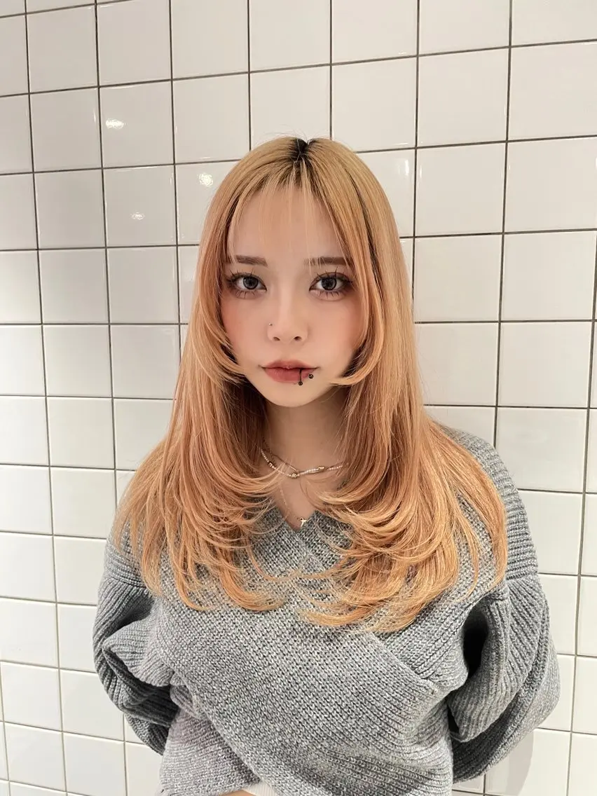 セミロング カラー ミストバング デザインカラー ダブルカラー イヤリングカラー  フェイスフレーミング ハッシュカット/ 水光艶カラー/RINのヘアスタイル