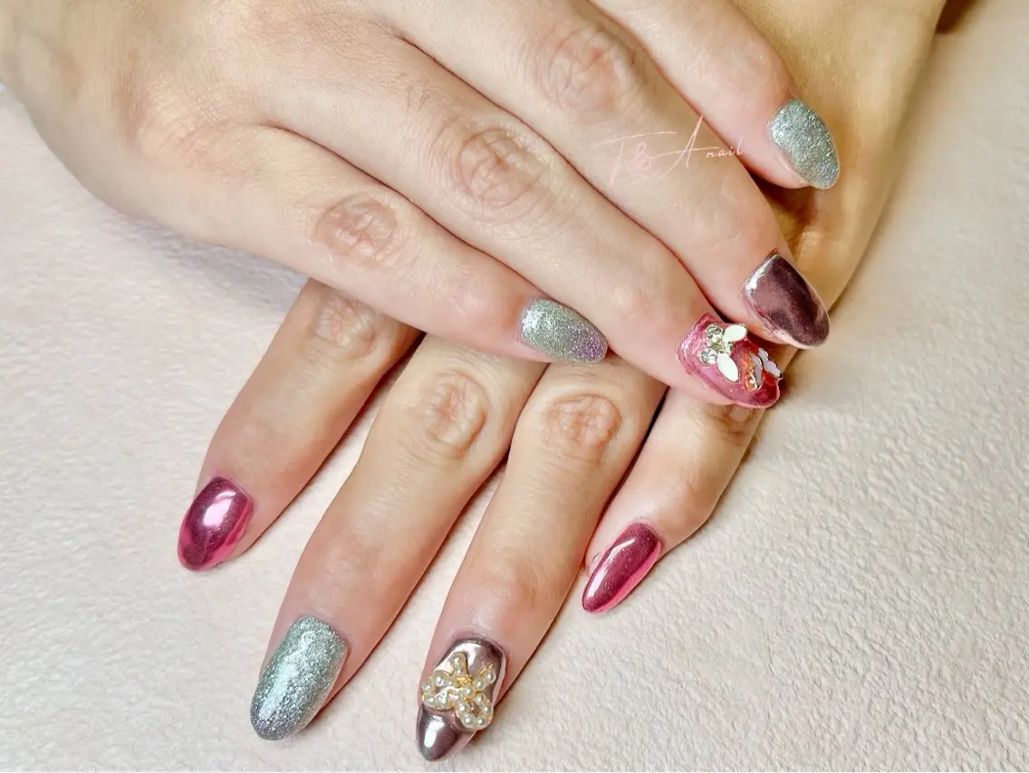 ネイル 長さ出し ジェルネイル ミラーネイル ピンク リボン T&A nailのネイルデザイン
