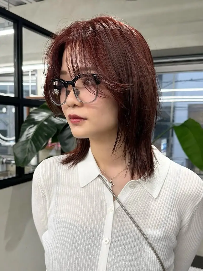 ミディアム カラー カット ヘアカラー トリートメント レイヤーボブパーマ 暖色カラーayuのヘアスタイル