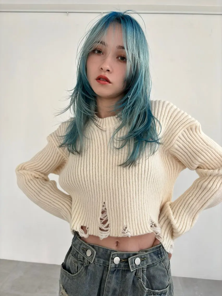セミロング カラー アクアカラー ブルーカラー ハイレイヤー レイヤーカット カット ヘアカラー 【海外風ヘア、 似合わせ】KAEDEのヘアスタイル
