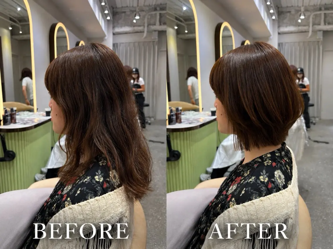 ミディアム カット ヘアカラー トリートメント 🩵韓国ヘア│レイヤ ー│ボブ│愛華🪽のヘアスタイル