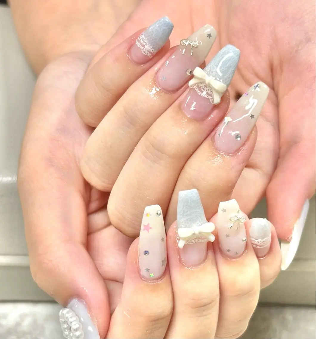 ネイル ガーリー レース ロングネイル 持ち込み 夏ネイル Natsumi 【protea】のネイルデザイン
