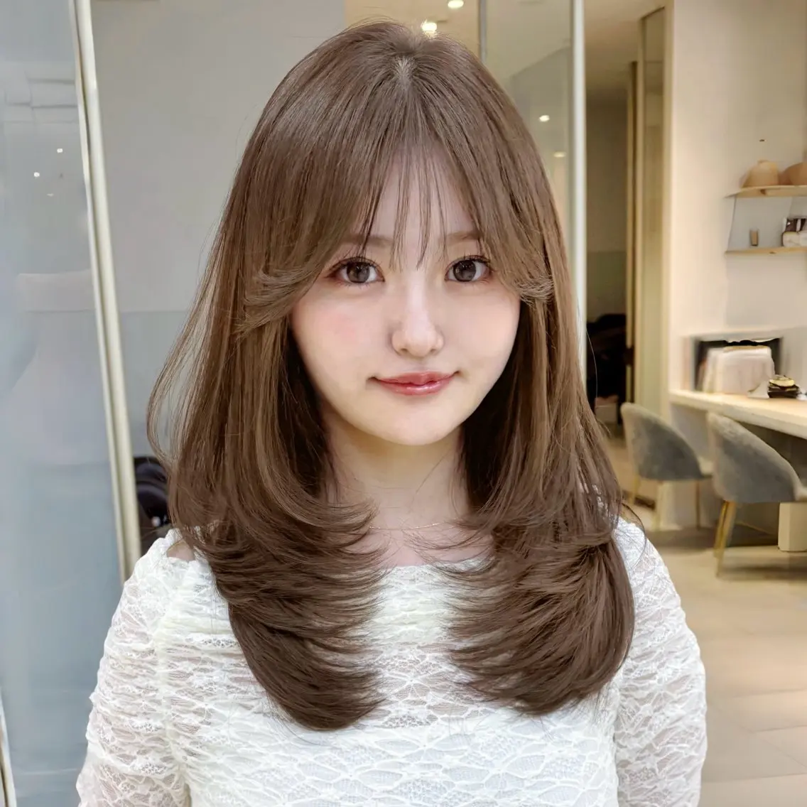 ミディアム カット ヘアカラー トリートメント かなこ/ミディアム レイヤー／ワンカールのヘアスタイル
