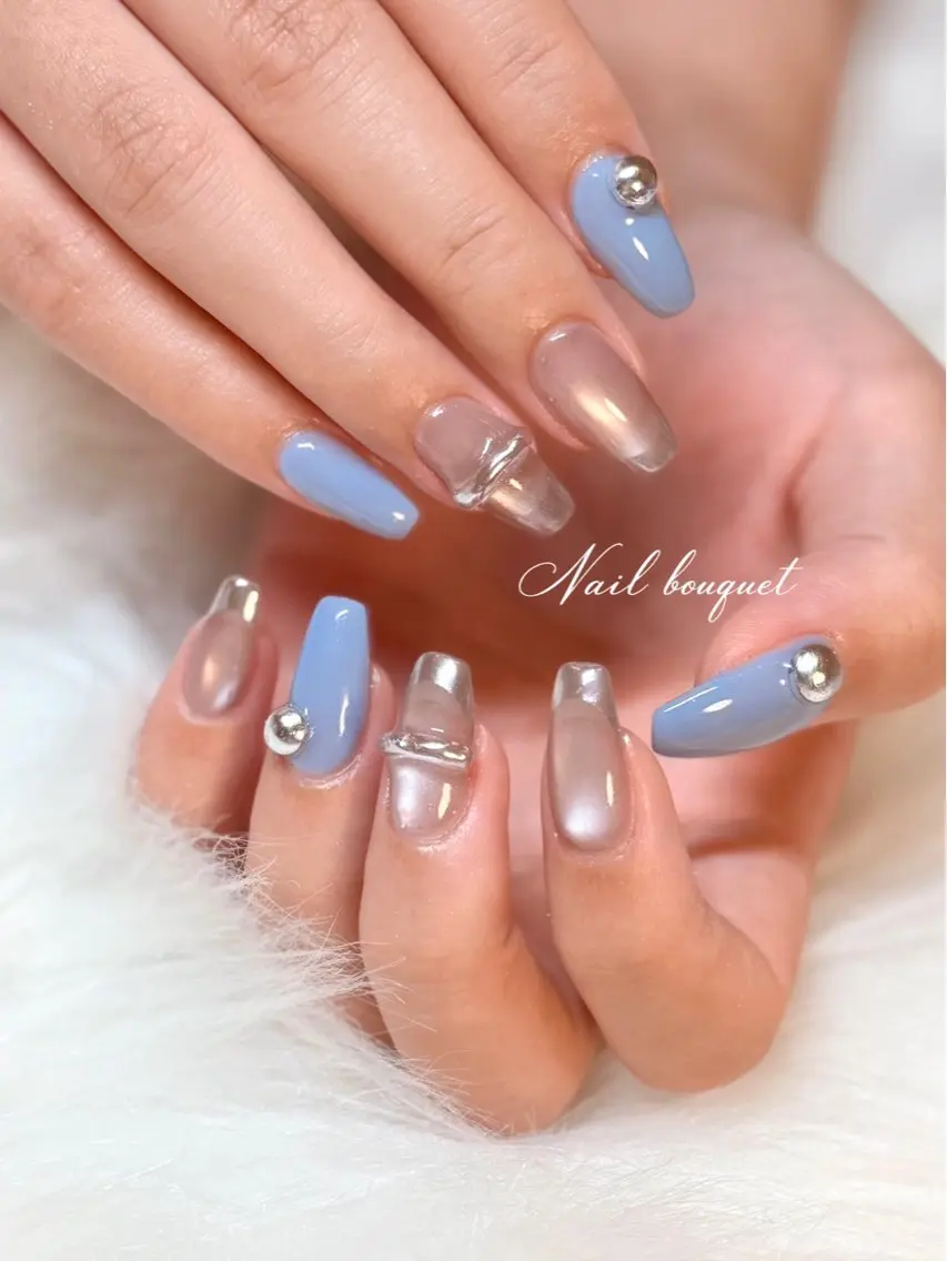 ネイル カジュアル フレンチネイル ガーリー キラキラネイル マグネットネイル ハンドネイル Nail bouquetのネイルデザイン