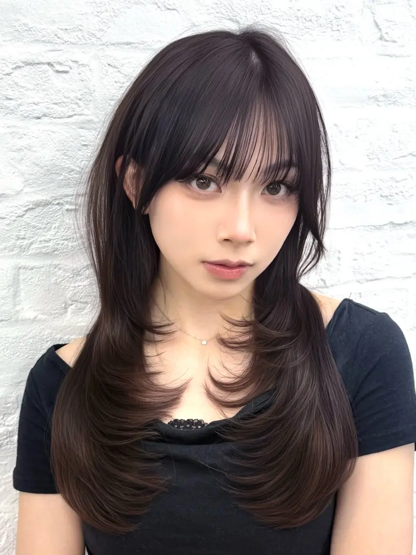 セミロング 韓国風ヘア レイヤーカット 割れない顔まわり× 小顔補正レイヤー難波のヘアスタイル