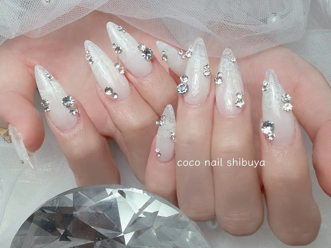 ネイル 成人式 大理石ネイル(マーブル) リボン 夏ネイル ネイルチップ ハンドネイル Mei Salon 長さ出し専門店のネイルデザイン
