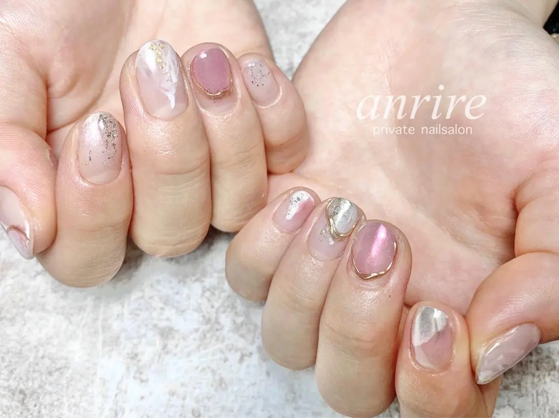 ネイル ジェルネイル ミラーネイル ニュアンスネイル パラジェル ピンク ハンドネイル nailsalon anrireのネイルデザイン