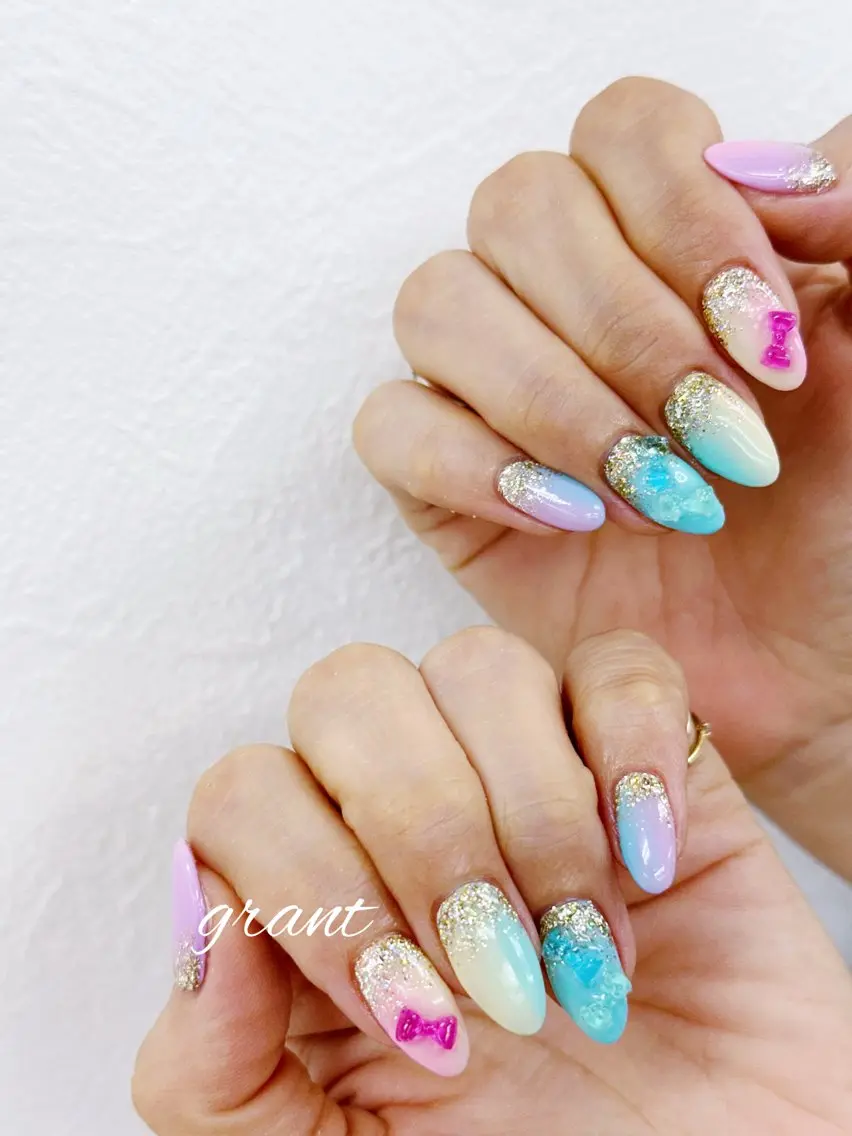 ネイル リボン 夏ネイル ハンドネイル nailsalon grantのネイルデザイン