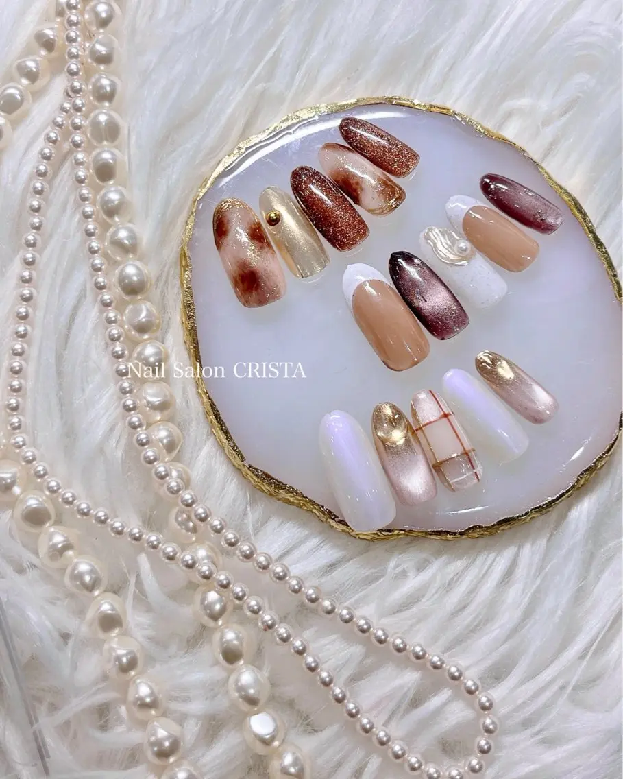 ネイル ブラウン ハンドネイル CRISTA 🫧ヒナタのネイルデザイン