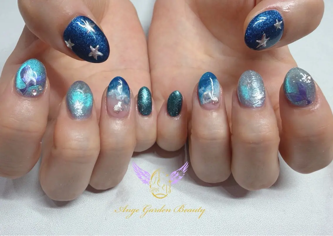 ネイル ブルー ハンドネイル AngeGarden Beautymihoのネイルデザイン
