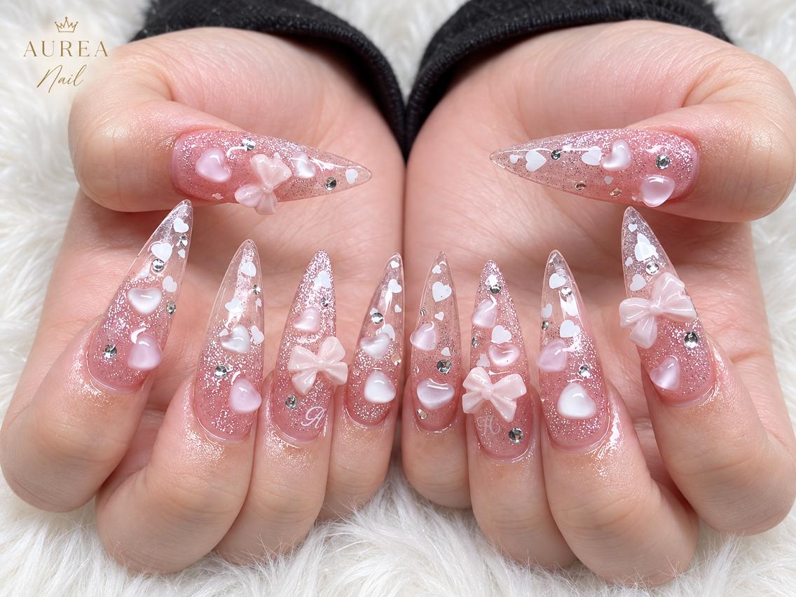 ネイル 長さ出し ハート キラキラネイル 韓国ネイル ロングネイル Mina Aurea Nailのネイルデザイン