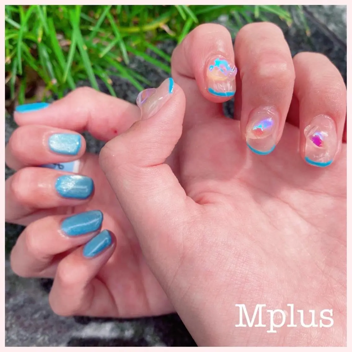 ネイル ブルー クリアネイル フレンチネイル マグネットネイル ストーンネイル Mplus miyukiのネイルデザイン