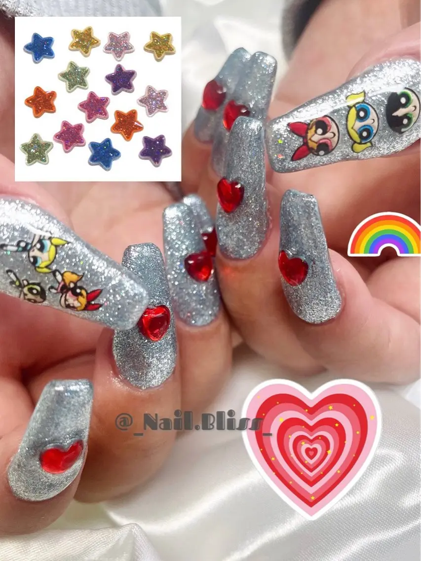 ネイル ハート ラメ(グリッター) 水色 赤色 ハンドネイル NAIL BLISSのネイルデザイン