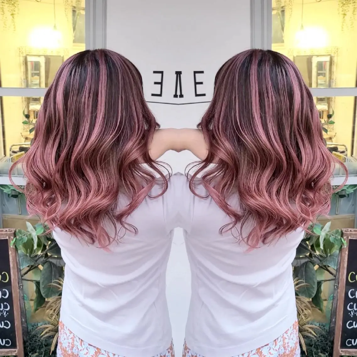 セミロング カラー バレイヤージュ ピンクカラー 外国人風カラー レイヤーカット バレイヤージュ/ ハイライト/大内格のヘアスタイル