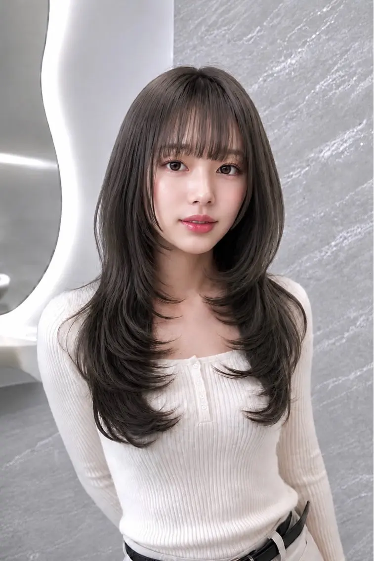 セミロング カラー ヘアアレンジ 黒髪 ブルーカラー ブルーブラック 透明感カラー グレージュ カット ヘアカラー 🖤kana韓国ヘア 艶髪カラー特化🖤のヘアスタイル