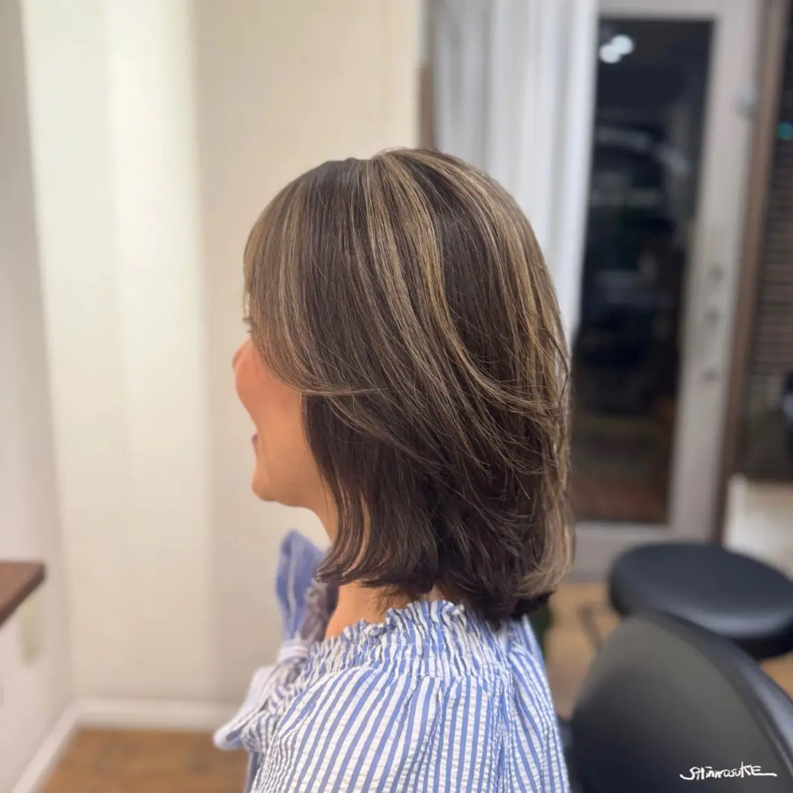 ミディアム カラー ハイライトカラー ボブ ハイライト 外ハネヘア カット ヘアカラー トリートメント ヘアセット しんのすけ /モデルさん募集中のヘアスタイル