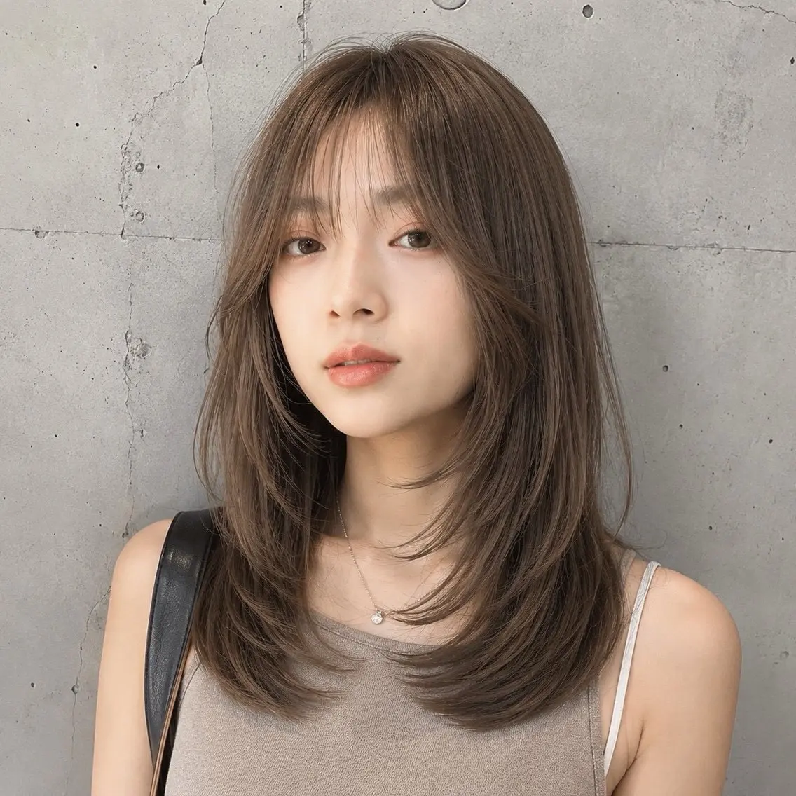 ミディアム カラー ミディアムレイヤー 透明感カラー グレージュ くびれヘア 韓国風ヘア カット ヘアカラー トリートメント 盛れる顔まわりカット 髪質改善/渋谷/れんのヘアスタイル